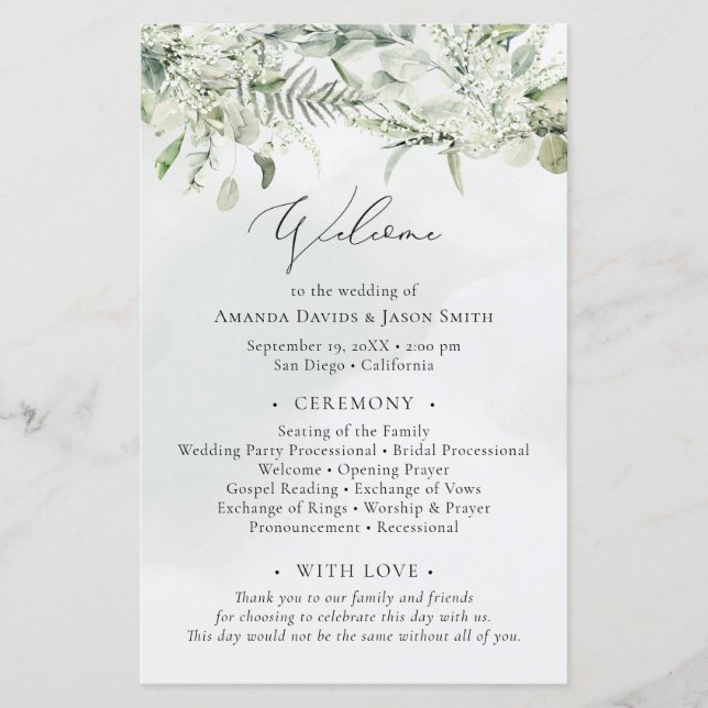 Dusty Blue Greenery Eucalyptus Wedding Program (Front)