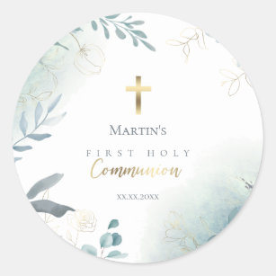 dusty blue greenery First Holy Communion Classic Round Sticker