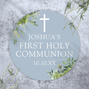 Dusty Blue Greenery First Holy Communion Favour Classic Round Sticker
