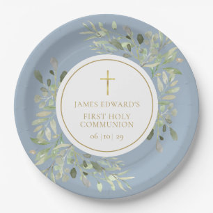 Dusty Blue Greenery First Holy Communion Paper Plate