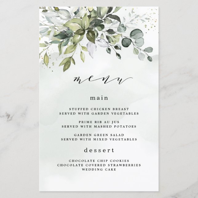 Dusty Blue Greenery Floral Boho Wedding Menu Cards (Front)