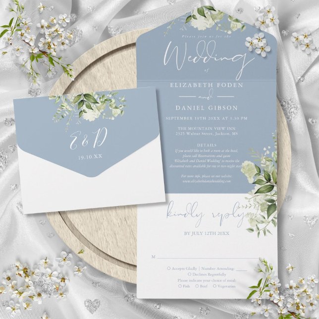 Dusty Blue Greenery Floral Details RSVP Wedding All In One Invitation (Dusty Blue Greenery Floral Details RSVP Wedding All In One Invitation)