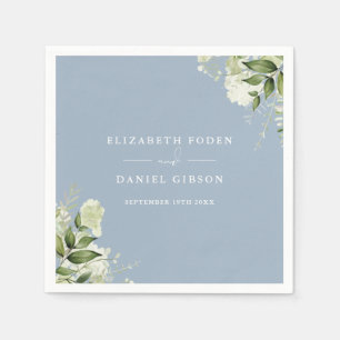 Dusty Blue Greenery Floral Elegant Names Date Napkin