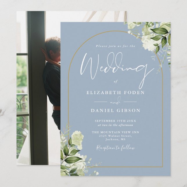 Dusty Blue Greenery Floral Gold Arch Photo Wedding Invitation (Front/Back)