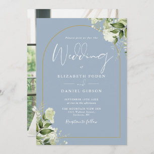Dusty Blue Greenery Floral Gold Arch Photo Wedding Invitation