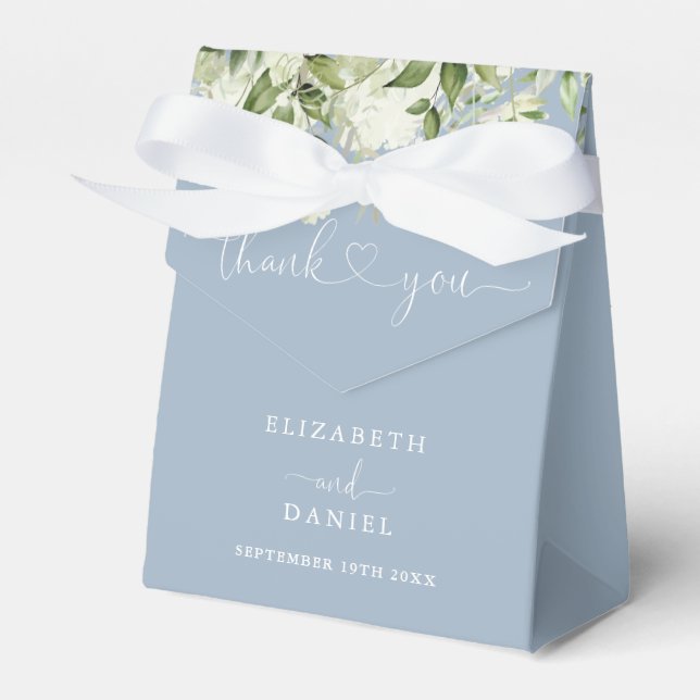 Dusty Blue Greenery Floral Heart Script Wedding Favour Box (Front Side)