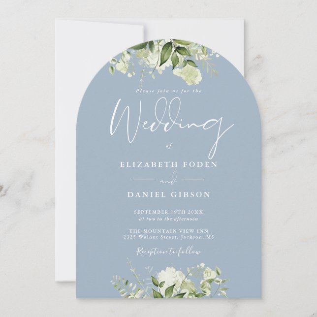 Dusty Blue Greenery Floral Monogram Wedding Arch Invitation (Front)