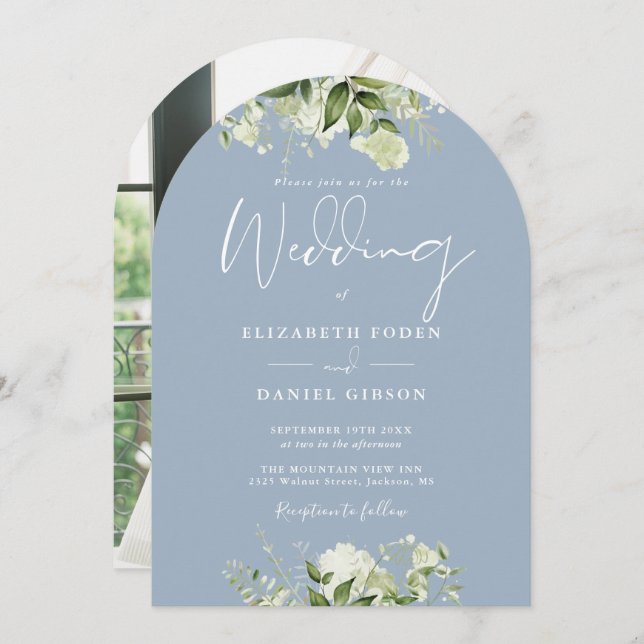 Dusty Blue Greenery Floral Photo Wedding Arch Invitation (Front/Back)