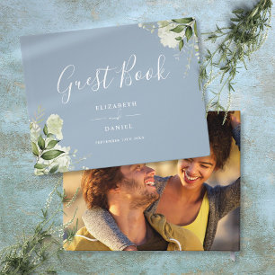 Dusty Blue Greenery Floral Photo Wedding Guest Book