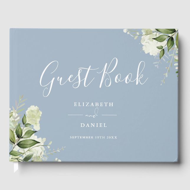 Dusty Blue Greenery Floral Photo Wedding Guest Book (Front)