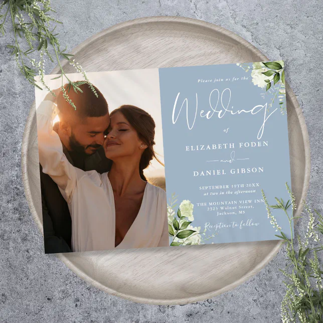 Dusty Blue Greenery Floral Photo Wedding Invitation | Zazzle