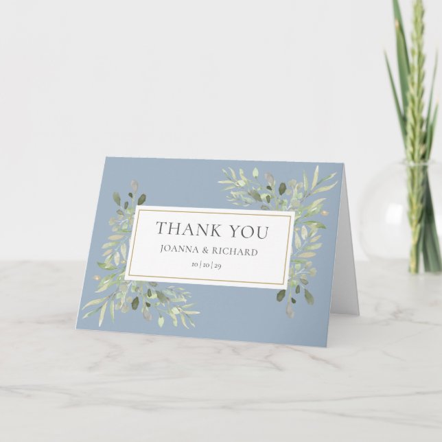 Dusty Blue Greenery Floral Photo Wedding Thank You Card (Front)