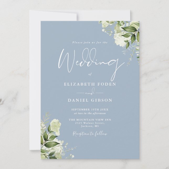 Dusty Blue Greenery Floral QR Code Photo Wedding Invitation (Front)
