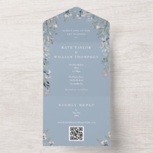 Dusty Blue Greenery Floral QR Code Wedding All In One Invitation