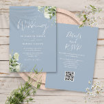 Dusty Blue Greenery Floral QR Code Wedding Invitation<br><div class="desc">This elegant dusty blue botanical greenery leaves wedding invitation can be personalised with your information in chic typography with your wedding website details and your QR code on the reverse. Designed by Thisisnotme©</div>