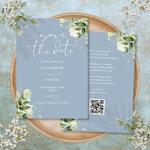 Dusty Blue Greenery Floral QR Code Wedding Save The Date