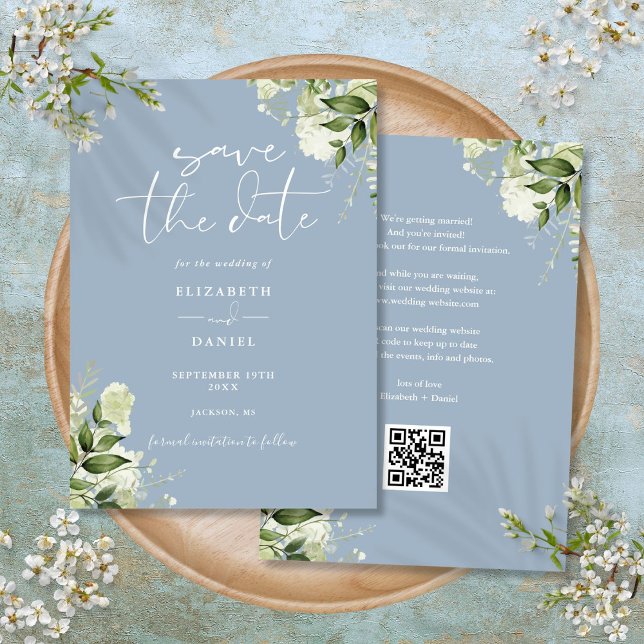Dusty Blue Greenery Floral QR Code Wedding Save The Date (Dusty Blue Greenery Floral QR Code Wedding Save The Date)