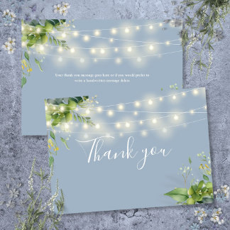 Dusty Blue Greenery Floral String Lights Thank You Card