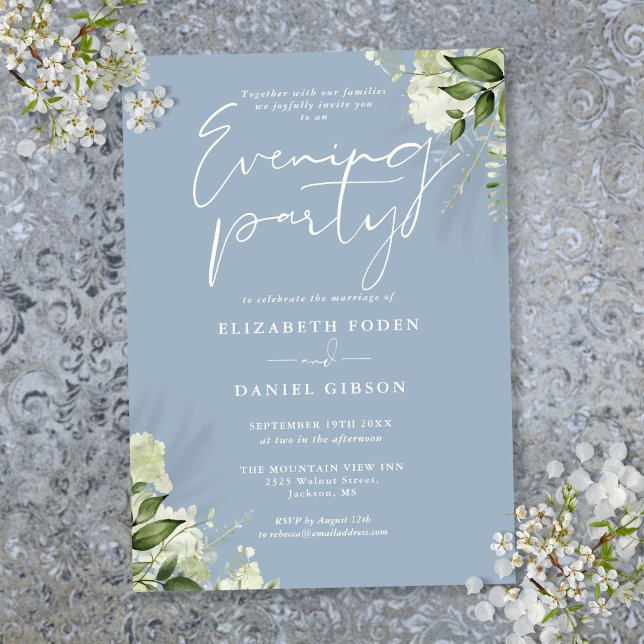 Dusty Blue Greenery Floral Wedding Evening Party Invitation (Dusty Blue Greenery Floral Wedding Evening Party Invitation)