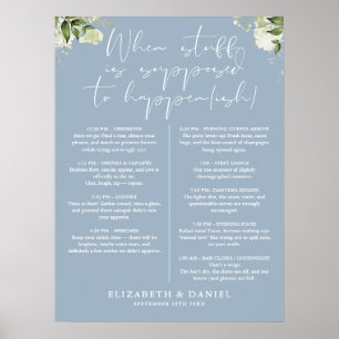 Dusty Blue Greenery Floral Wedding Itinerary Poster