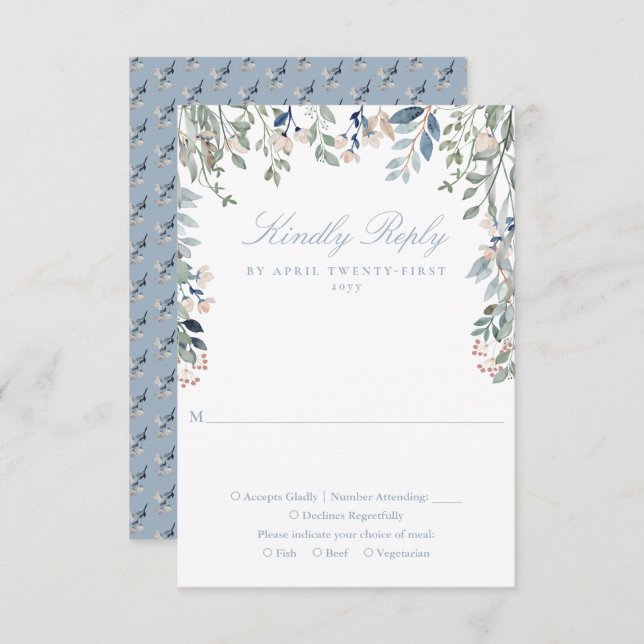 Dusty Blue Greenery Floral Wildflowers Wedding RSVP Card (Front/Back)