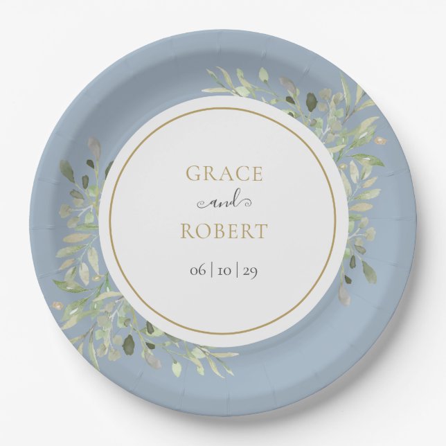 Dusty Blue Greenery Foliage Gold Wedding Paper Plate (Front)