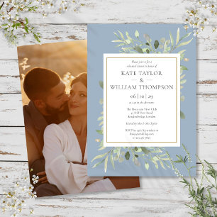 Dusty Blue Greenery Foliage Photo Rehearsal Dinner Invitation