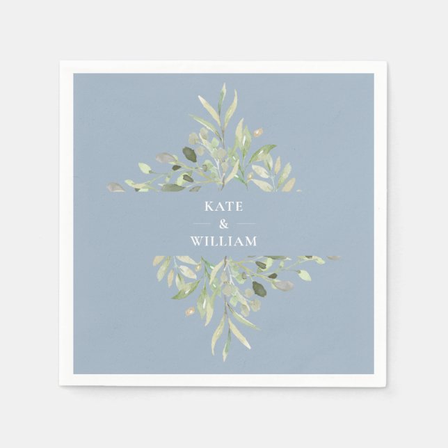 Dusty Blue Greenery Foliage Wedding Napkin (Front)