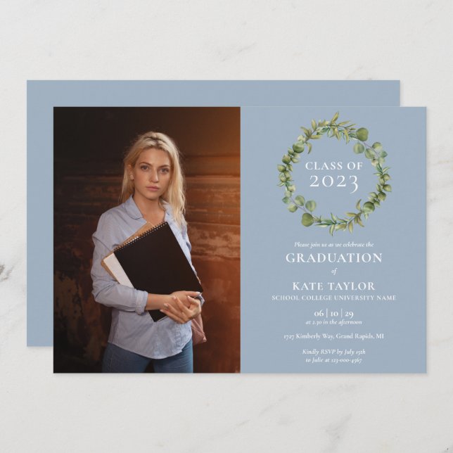 Dusty Blue Greenery Garland Photo Graduation Party Invitation (Front/Back)