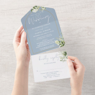 Dusty Blue Greenery Gold Arch Details RSVP Wedding All In One Invitation