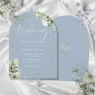Dusty Blue Greenery Gold Arch Monogram Wedding Invitation