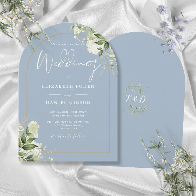 Dusty Blue Greenery Gold Arch Monogram Wedding Invitation | Zazzle