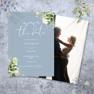 Dusty Blue Greenery Gold Arch Photo Wedding Save The Date