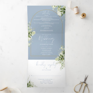 Dusty Blue Greenery Gold Arch Photo Wedding Tri-Fold Invitation