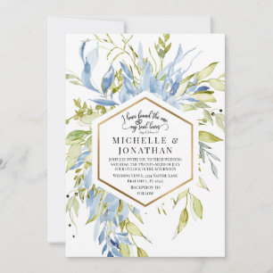 Dusty Blue Greenery Gold Frame Christian Wedding Invitation