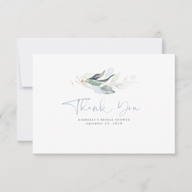 Dusty Blue Greenery Gold Leaves Small Thank You (Front)