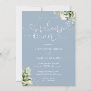 Dusty Blue Greenery Heart Script Rehearsal Dinner Invitation