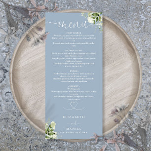 Dusty Blue Greenery Heart Script Wedding Dinner Menu