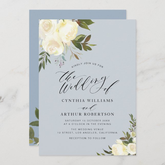 Dusty blue greenery ivory floral wedding invitation (Front/Back)