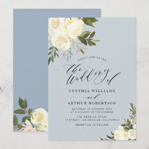 Dusty blue greenery ivory floral wedding invitation