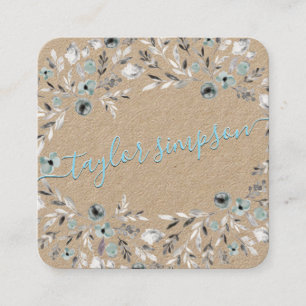 Dusty Blue Greenery Kraft Paper Neon Swash Script Square Business Card