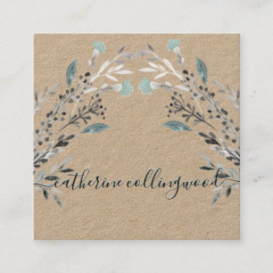 Dusty Blue Greenery Kraft Paper Swash Script Square Business Card