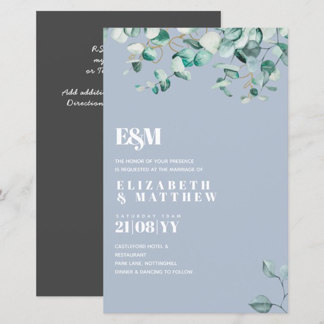 Dusty Blue Greenery Leafy Budget Wedding Invite (Front/Back)