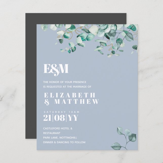 Dusty Blue Greenery Leafy Budget Wedding Invite (Front/Back)