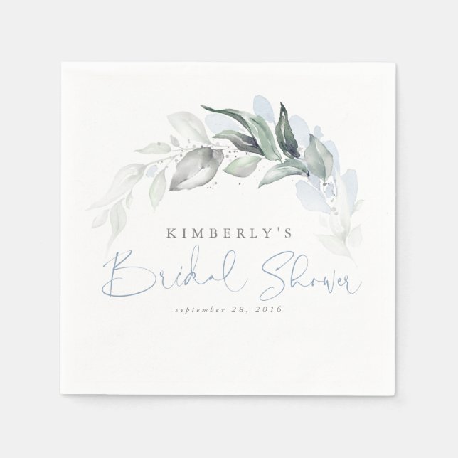 Dusty Blue Greenery Leaves Elegant Bridal Shower Napkin (Front)