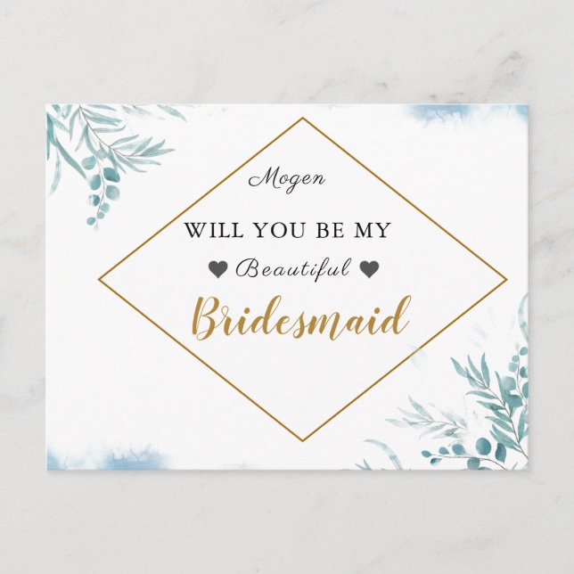 Dusty Blue Greenery Leaves Wedding Bridesmaid  Invitation Postcard (Front)