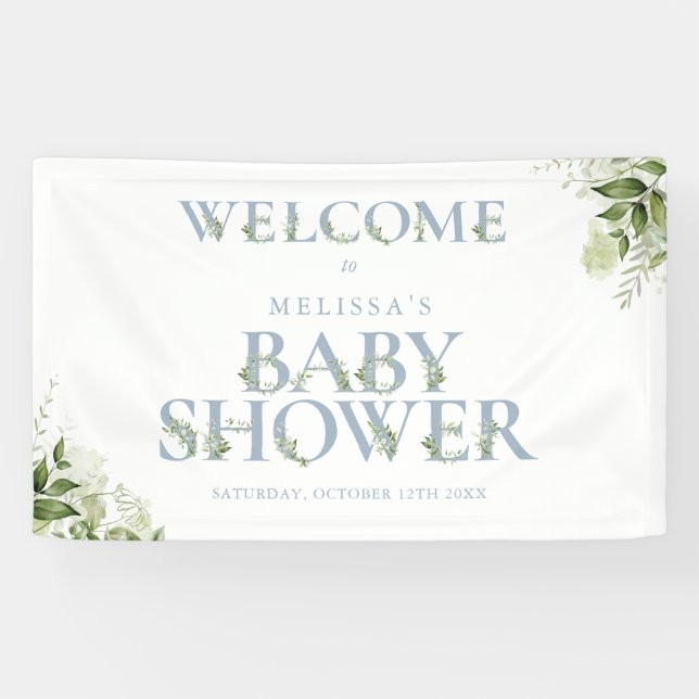 Dusty Blue Greenery Letter Baby Shower Welcome Banner (Horizontal)
