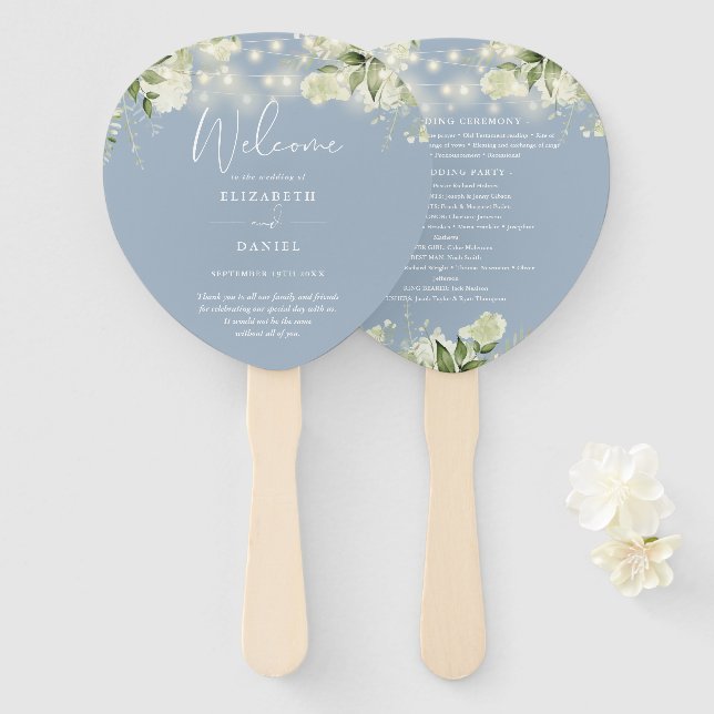 Dusty Blue Greenery Lights Wedding Program Heart Hand Fan (Front and Back)