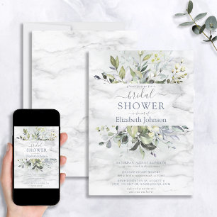 Dusty Blue Greenery Marble Bridal Shower Invitation