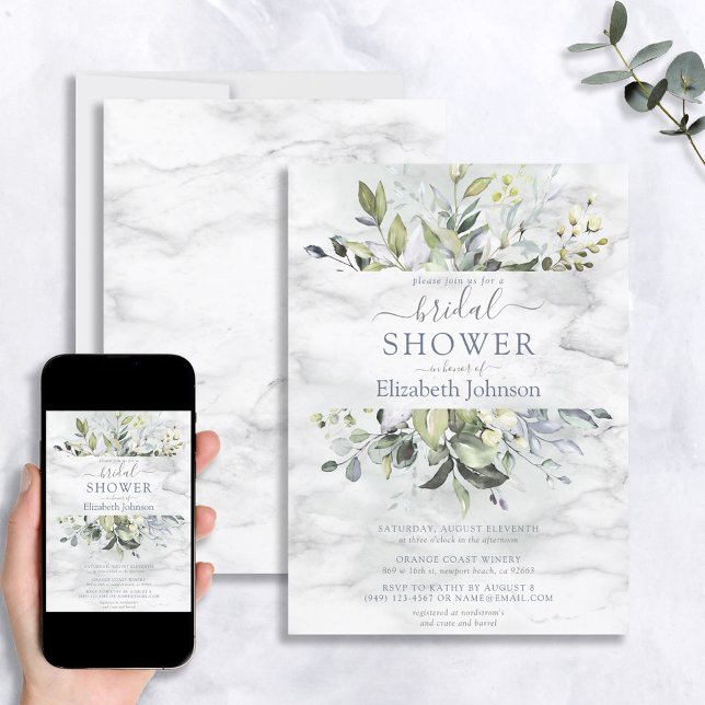 Dusty Blue Greenery Marble Bridal Shower Invitation (Creator Uploaded)